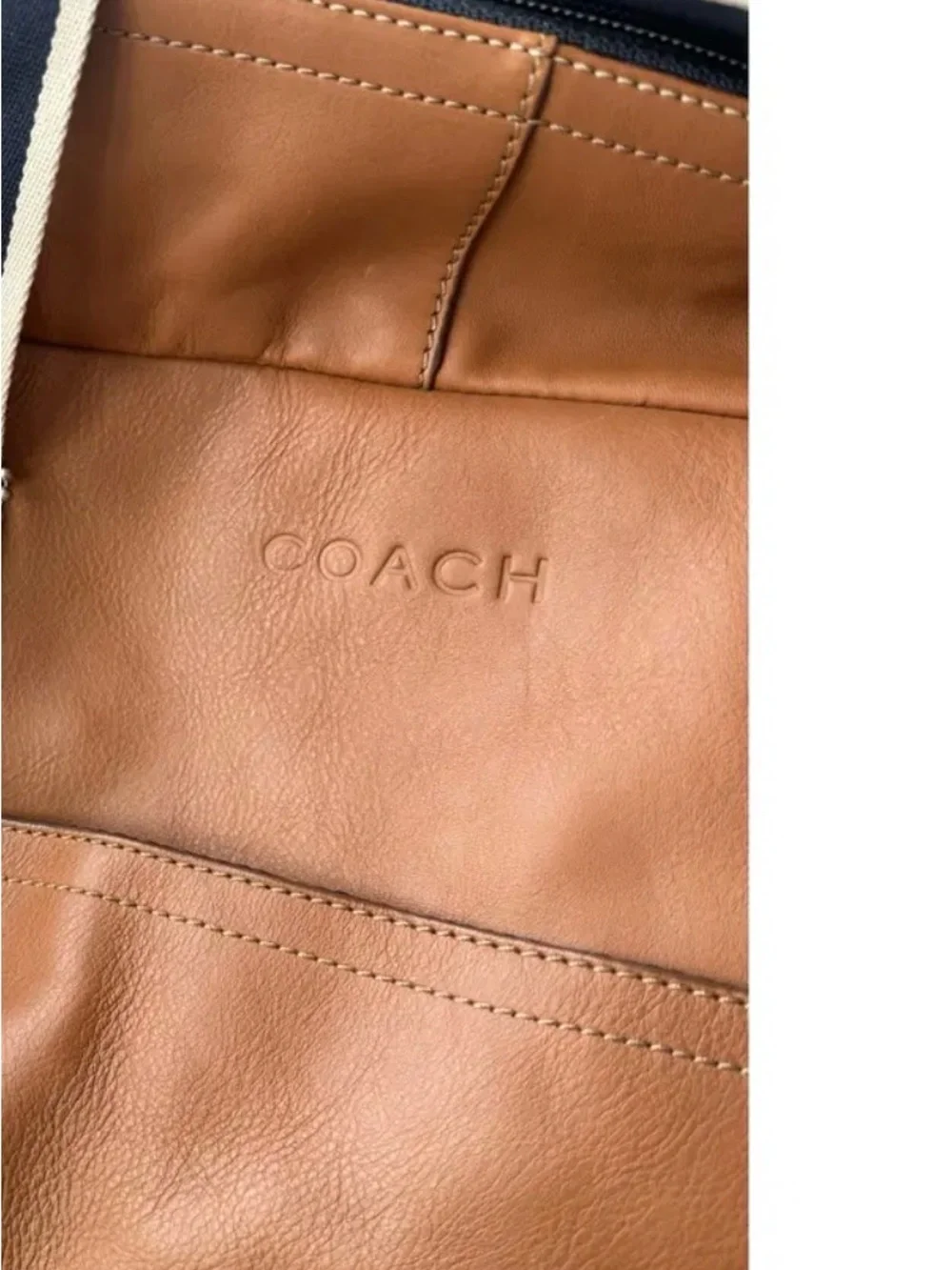 Coach Tan Leather Duffel with Navy and White Straps